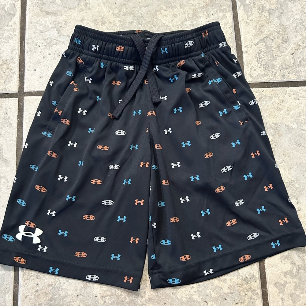 Under Armour Black and Blue Athletic Shorts with Logo Pattern